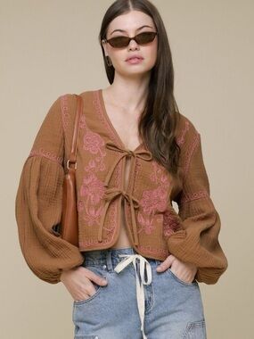 Avec Les Filles Floral Embroidered Puff Sleeve Tie Front Top Jacket